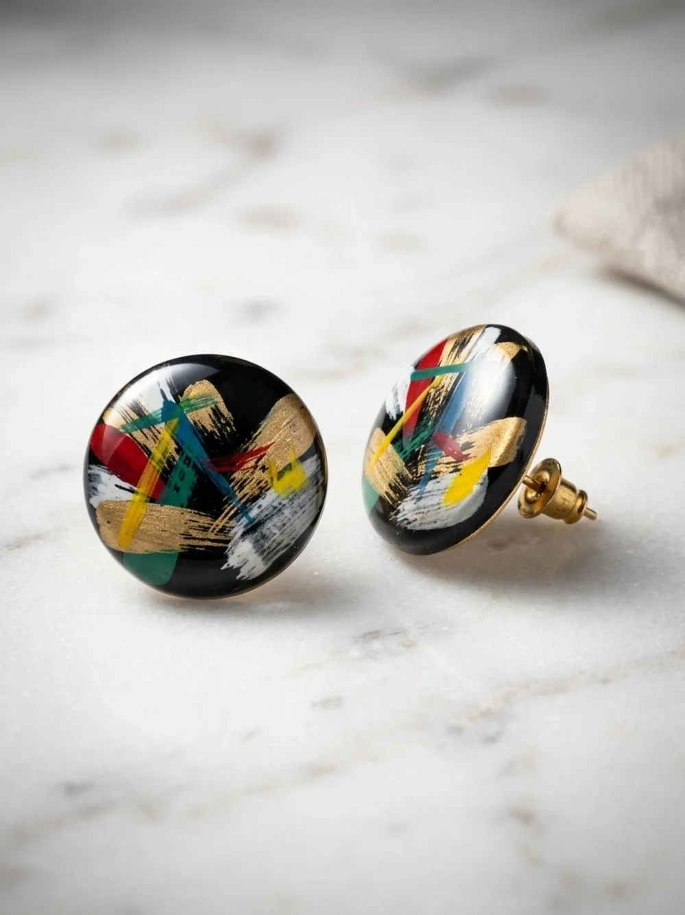 Abstract Painted Round Stud Earrings Handcrafted Lightweight Statement Jewelry